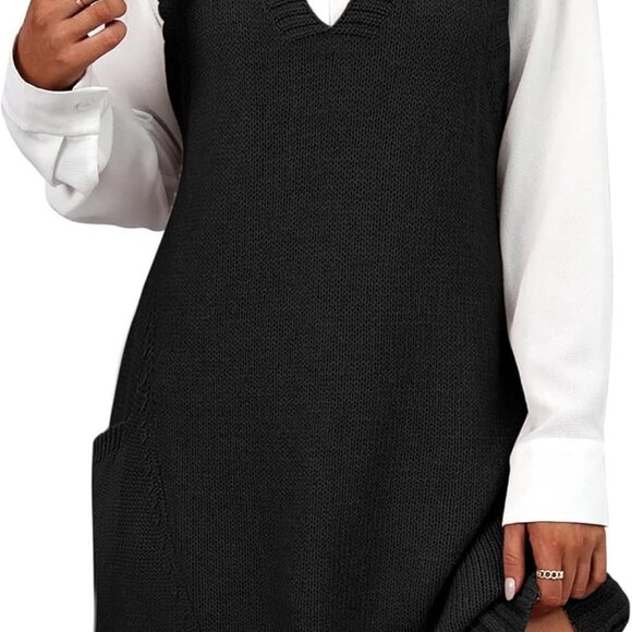 Women's V Neck Sweater Vest Dress Knit Pockets Casual Trendy Black XL - Picture 1 of 5